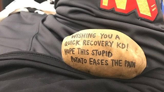 Durant receives potato with get-well message during recovery