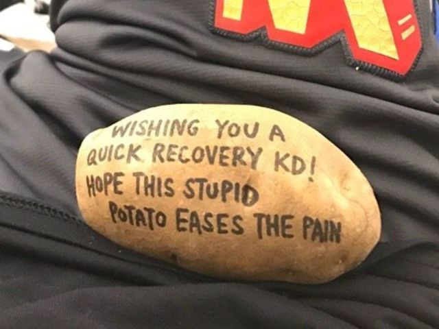 Durant receives potato with get-well message during recovery
