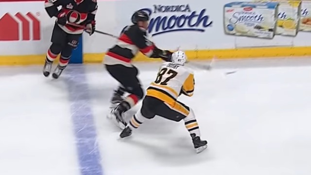 Watch: Crosby hacks off portion of Methot's finger