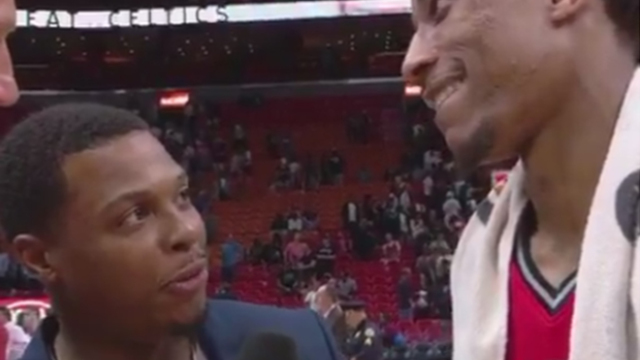 Lowry interrupts DeRozan interview, imitates 'The Rock'