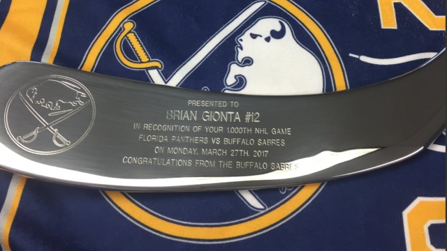 Sabres present Gionta with silver stick ahead of 1,000th game