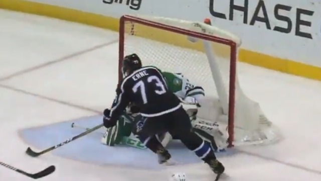 Lightning's Erne cuts through crease, slips puck past Lehtonen