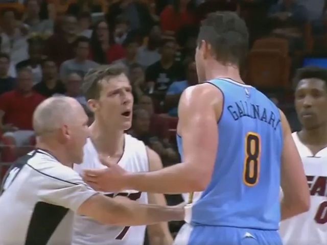 Heat's Dragic confronts Nuggets' Gallinari after air ball
