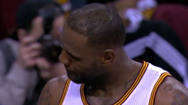 Watch: LeBron shakes head in disgust after blocking Myles Turner