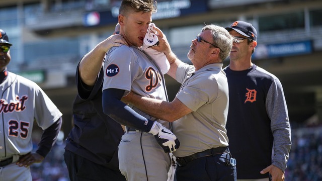 Watch: JaCoby Jones leaves game after taking pitch to face