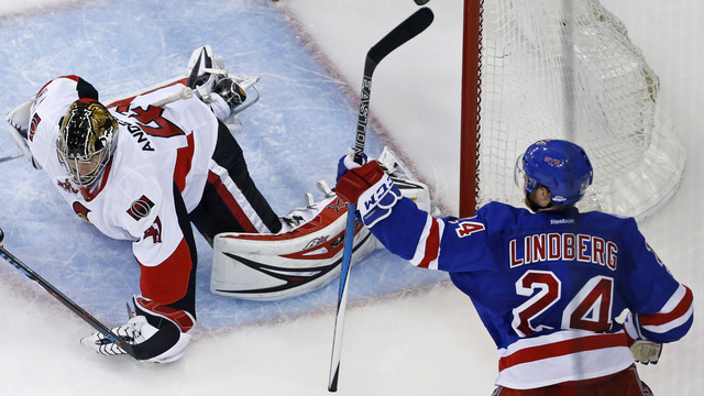 Lindberg scores twice as Rangers even series with Senators