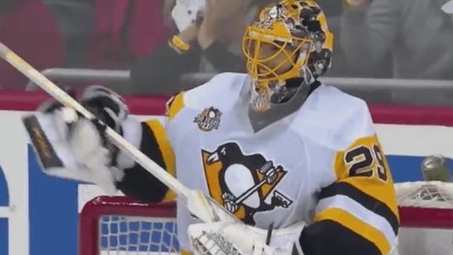 Watch: Fleury salutes his stick after incredible shaft save on Ovie