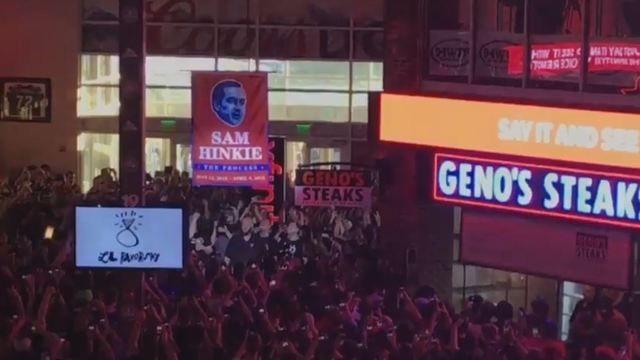 Watch: Banner of Sam Hinkie raised at 76ers' draft lottery party