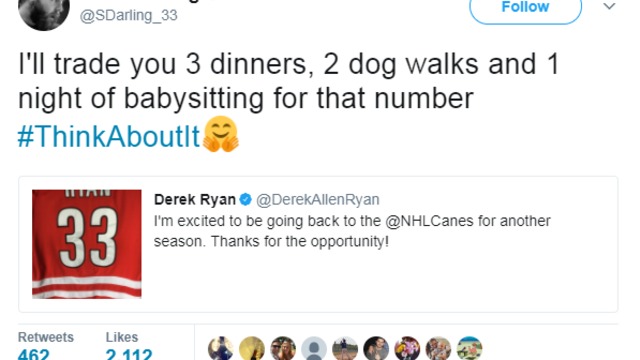 Canes' Ryan, Darling engage in hilarious jersey negotiation on Twitter
