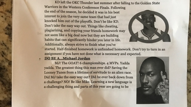 Teacher instructs students to be like Jordan, not Durant
