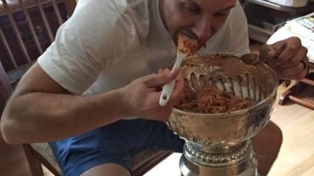 Look: Bonino snacks spaghetti out of Stanley Cup