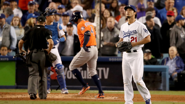 Darvish fails to finish 2nd inning as WS woes continue