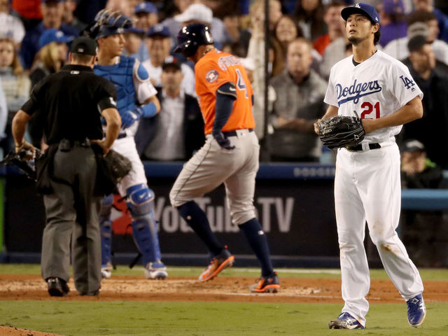 Darvish fails to finish 2nd inning as WS woes continue