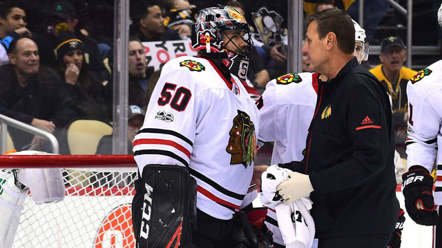 Watch: Crawford makes brief exit after taking bump to head from Malkin