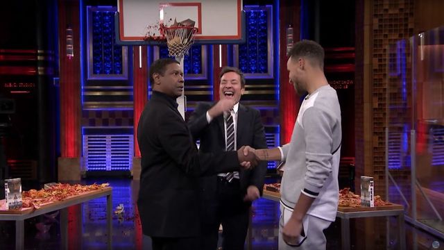 Watch: Curry plays random object shootout with Denzel Washington