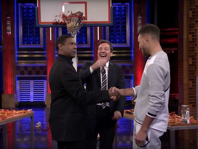 Watch: Curry plays random object shootout with Denzel Washington