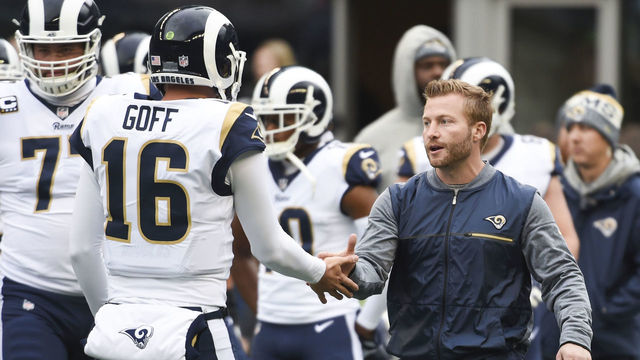 SEATTLE, WA - DECEMBER 17: Los Angeles Rams head coach Sean McVay greets Jared Goff #16 before the game against the Seattle Seahawks at CenturyLink Field on December 17, 2017 in Seattle, Washington. (Photo by Steve Dykes/Getty Images)