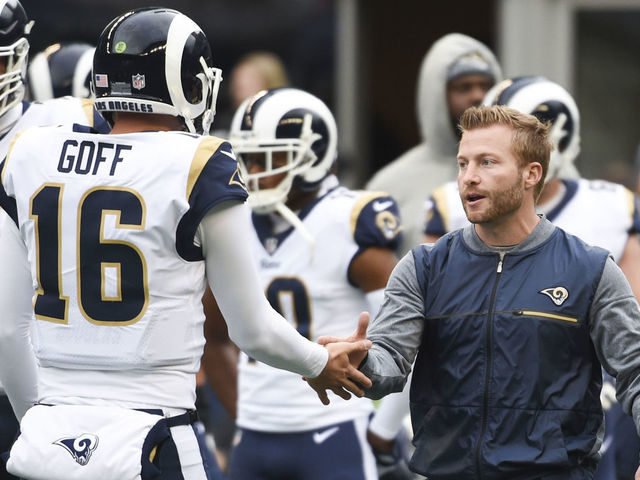 SEATTLE, WA - DECEMBER 17: Los Angeles Rams head coach Sean McVay greets Jared Goff #16 before the game against the Seattle Seahawks at CenturyLink Field on December 17, 2017 in Seattle, Washington. (Photo by Steve Dykes/Getty Images)