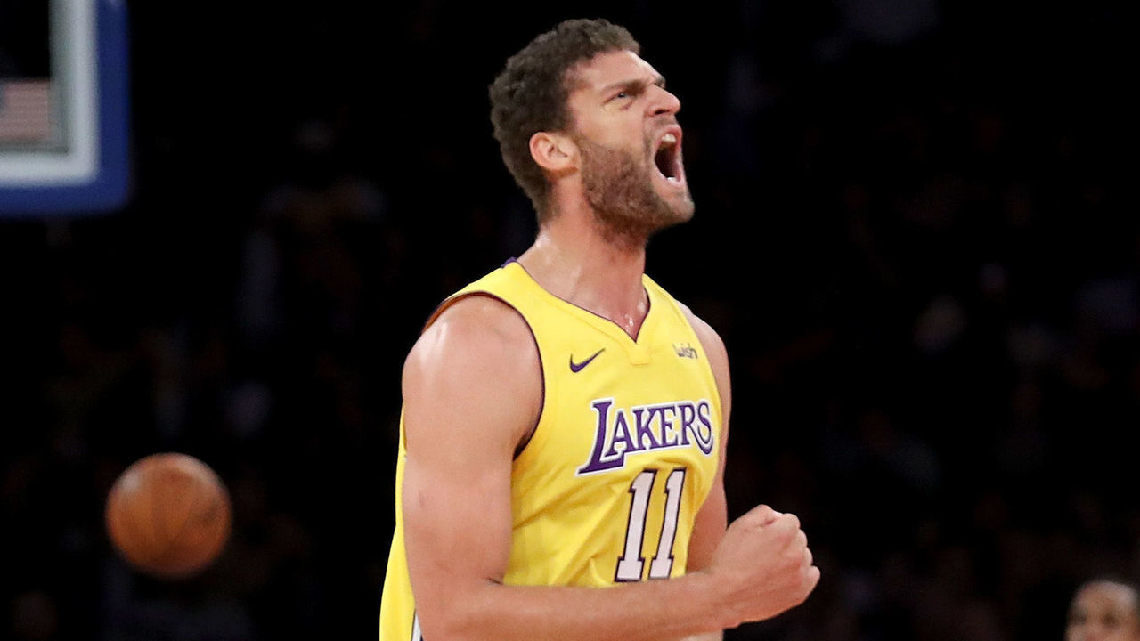 NEW YORK, NY - DECEMBER 12: Brook Lopez #11 of the Los Angeles Lakers reacts in the third quarter against the New York Knicks during their game at Madison Square Garden on December 12, 2017 in New York City. (Photo by Abbie Parr/Getty Images)