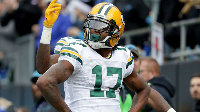 CHARLOTTE, NC - DECEMBER 17: Davante Adams #17 of the Green Bay Packers reacts after scoring a touchdown against the Carolina Panthers in the first quarter during their game at Bank of America Stadium on December 17, 2017 in Charlotte, North Carolina. (Photo by Streeter Lecka/Getty Images)