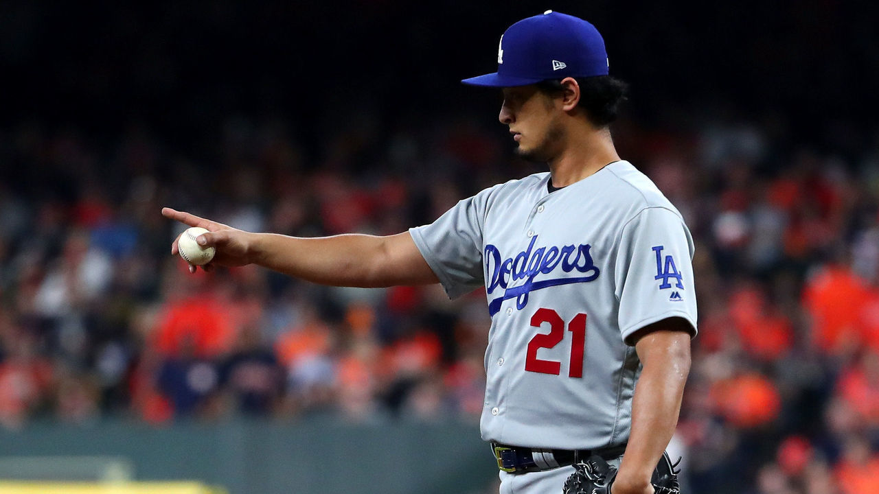 HOUSTON, TX - OCTOBER 27: Yu Darvish #21 of the Los Angeles Dodgers reacts during the second inning against the Los Angeles Dodgers in game three of the 2017 World Series at Minute Maid Park on October 27, 2017 in Houston, Texas. (Photo by Tom Pennington/Getty Images)