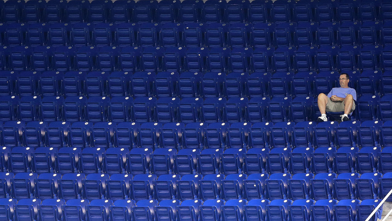 MIAMI, FL - SEPTEMBER 23: A Miami Marlins fan watches during a game against the Philadelphia Phillies at Marlins Park on September 23, 2015 in Miami, Florida. (Photo by Mike Ehrmann/Getty Images)