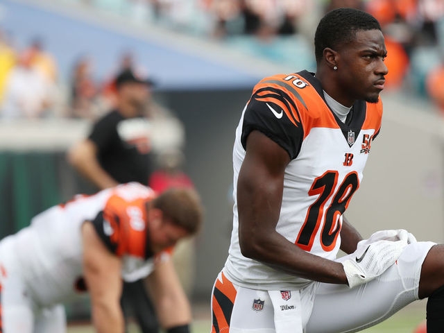 JACKSONVILLE, FL - NOVEMBER 05: A.J. Green #18 of the Cincinnati Bengals works out on the field prior to the start of their game against the Jacksonville Jaguars at EverBank Field on November 5, 2017 in Jacksonville, Florida. (Photo by Logan Bowles/Getty Images)