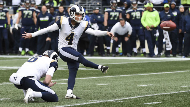 SEATTLE, WA - DECEMBER 17: Kicker Greg Zuerlein #4 of the Los Angeles Rams makes his second field goal during the first quarter of the game at CenturyLink Field on December 17, 2017 in Seattle, Washington. (Photo by Steve Dykes/Getty Images)