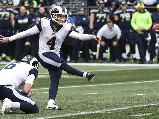 SEATTLE, WA - DECEMBER 17: Kicker Greg Zuerlein #4 of the Los Angeles Rams makes his second field goal during the first quarter of the game at CenturyLink Field on December 17, 2017 in Seattle, Washington. (Photo by Steve Dykes/Getty Images)