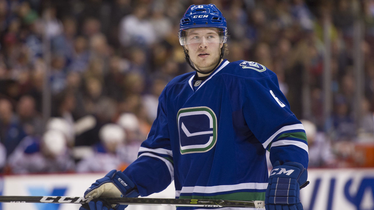 VANCOUVER, BC - APRIL 8: Brock Boeser #6 of the Vancouver Canucks during a break in NHL action against the Edmonton Oilers on April 8, 2017 at Rogers Arena in Vancouver, British Columbia, Canada. (Photo by Rich Lam/Getty Images)