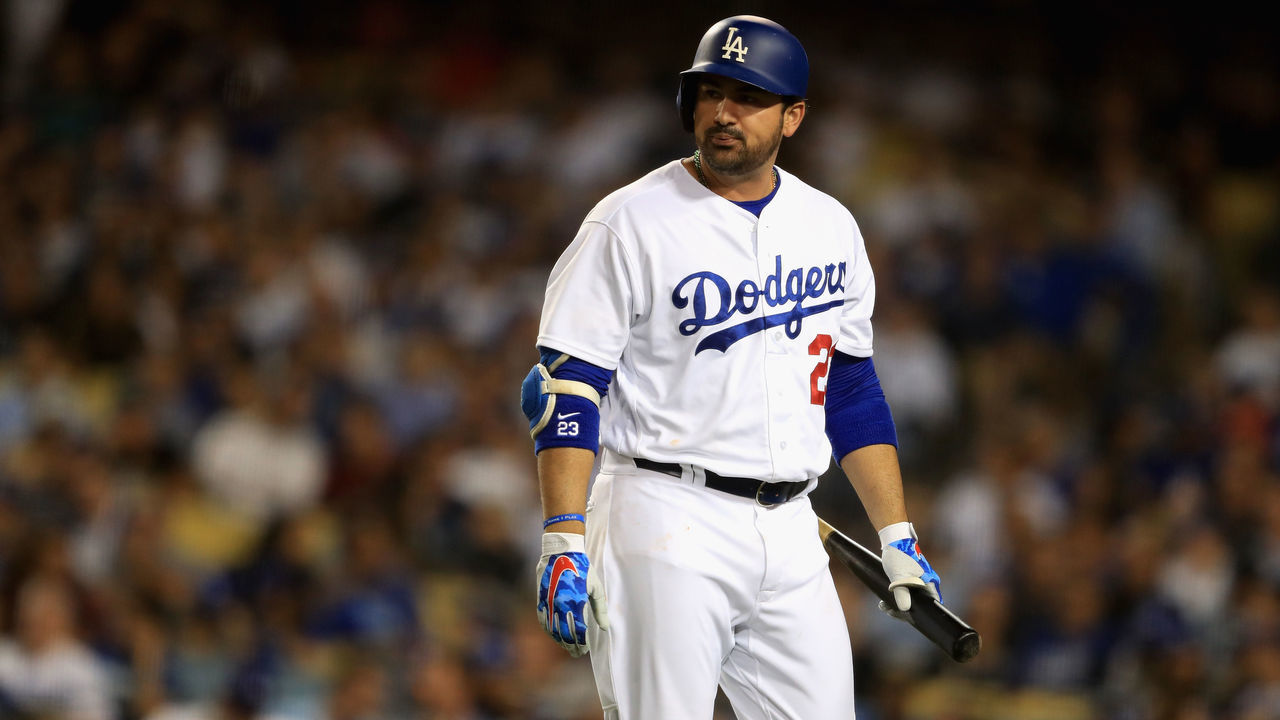 LOS ANGELES, CA - SEPTEMBER 26: Adrian Gonzalez #23 of the Los Angeles Dodgers looks on after striking out during the fourth inning of a game against the San Diego Padres at Dodger Stadium on September 26, 2017 in Los Angeles, California. (Photo by Sean M. Haffey/Getty Images)