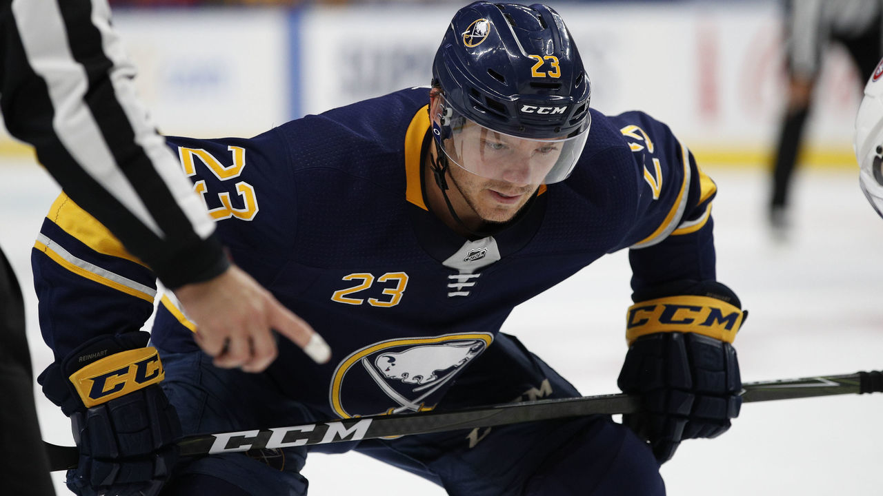 BUFFALO, NY - OCTOBER 5: Sam Reinhart #23 of the Buffalo Sabres during the game against the Montreal Canadiens at the KeyBank Center on October 5, 2017 in Buffalo, New York. (Photo by Kevin Hoffman/Getty Images)