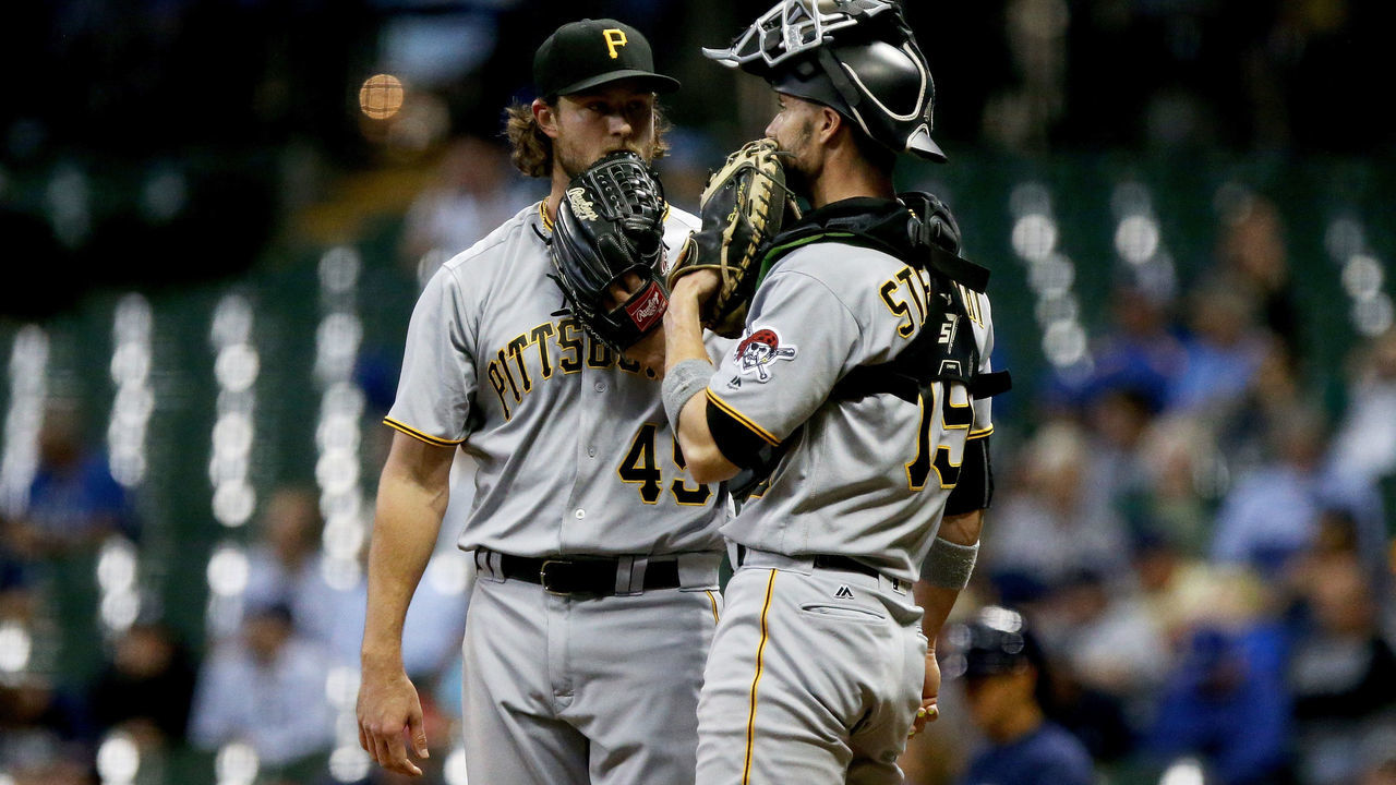 MILWAUKEE, WI - SEPTEMBER 12: Gerrit Cole #45 and Chris Stewart #19 of the Pittsburgh Pirates meet in the third inning against the Milwaukee Brewers at Miller Park on September 12, 2017 in Milwaukee, Wisconsin. (Photo by Dylan Buell/Getty Images)
