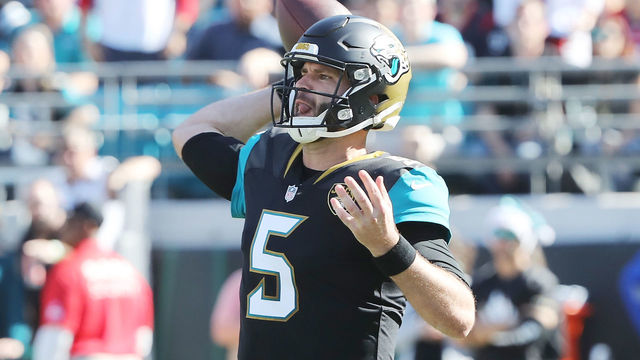 JACKSONVILLE, FL - DECEMBER 17: Blake Bortles #5 of the Jacksonville Jaguars looks to pass the football in the first half of their game against the Houston Texans at EverBank Field on December 17, 2017 in Jacksonville, Florida. (Photo by Sam Greenwood/Getty Images)