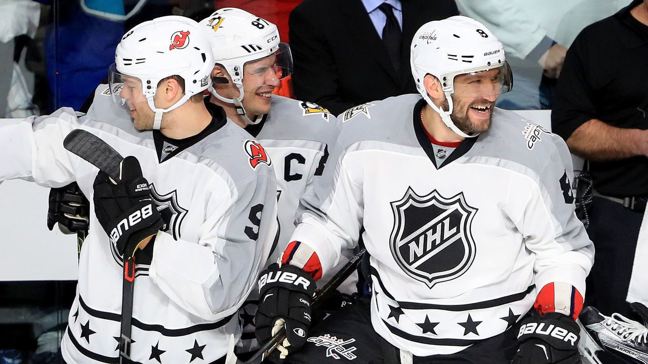 LOS ANGELES, CA - JANUARY 29: (L-R) Taylor Hall #9 of the New Jersey Devils, Sidney Crosby #87 of the Pittsburgh Penguins and Alex Ovechkin #8 of the Washington Capitals react during the 2017 Honda NHL All-Star Tournament Final between the Pacific Division All-Stars and the Metropolitan Division All-Stars at Staples Center on January 29, 2017 in Los Angeles, California.
