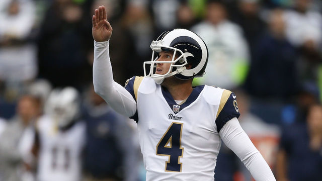 SEATTLE, WA - DECEMBER 17: Kicker Greg Zuerlein #4 of the Los Angeles Rams reacts after making his first field goal during the first quarter of the game against the Seattle Seahawks at CenturyLink Field on December 17, 2017 in Seattle, Washington.