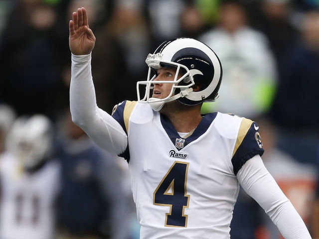 SEATTLE, WA - DECEMBER 17: Kicker Greg Zuerlein #4 of the Los Angeles Rams reacts after making his first field goal during the first quarter of the game against the Seattle Seahawks at CenturyLink Field on December 17, 2017 in Seattle, Washington.