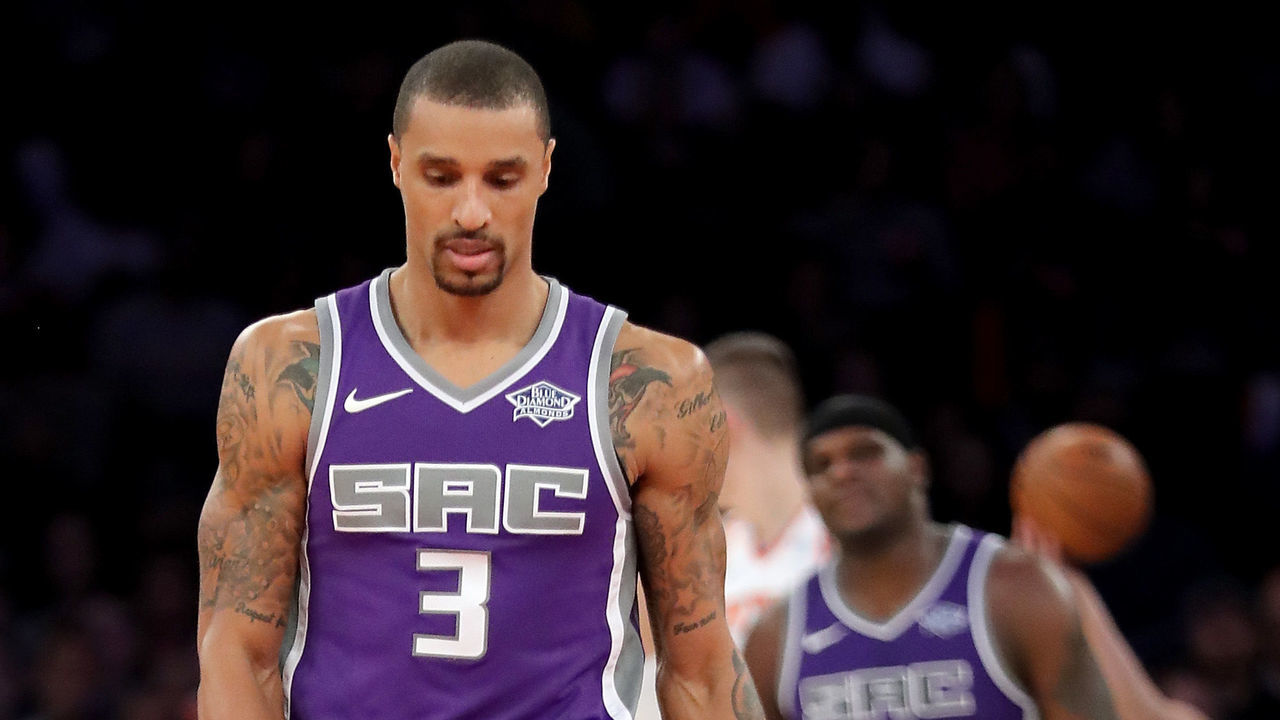 NEW YORK, NY - NOVEMBER 11: George Hill #3 of the Sacramento Kings reacts in the second half against the New York Knicks during their game at Madison Square Garden on November 11, 2017 in New York City.