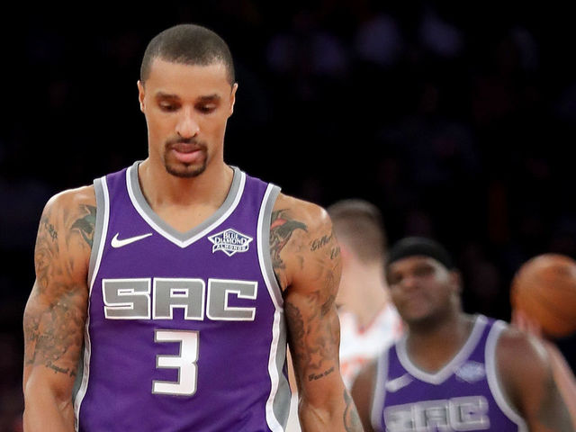 NEW YORK, NY - NOVEMBER 11: George Hill #3 of the Sacramento Kings reacts in the second half against the New York Knicks during their game at Madison Square Garden on November 11, 2017 in New York City.
