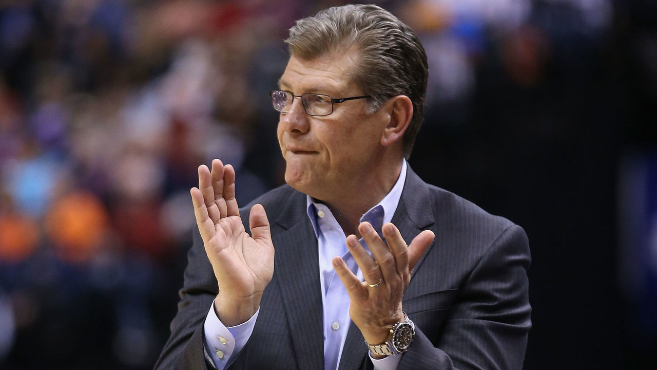 INDIANAPOLIS, IN - APRIL 03: Head coach Geno Auriemma of the Connecticut Huskies reacts in the fourth quarter against the Oregon State Beavers during the semifinals of the 2016 NCAA Women's Final Four Basketball Championship at Bankers Life Fieldhouse on April 3, 2016 in Indianapolis, Indiana. Connecticut won 80-51.