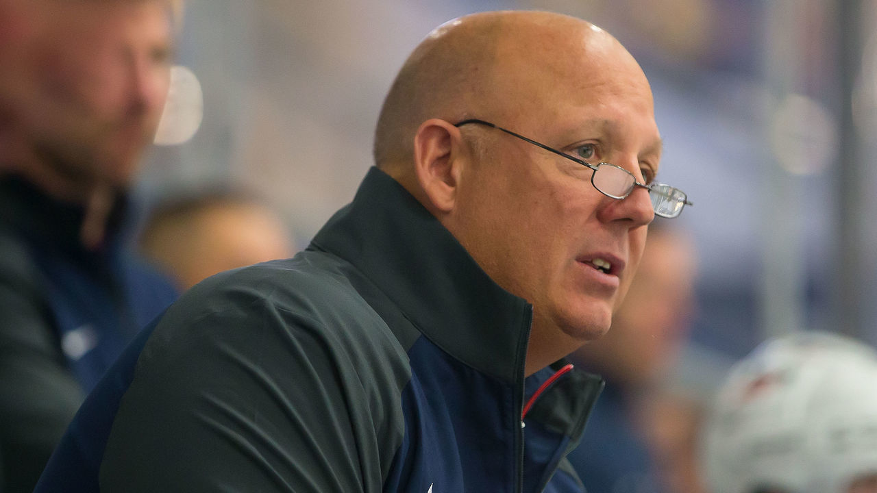 DETROIT, MI - AUGUST 02: Head Coach Bob Motzko of the USA watches the action from the bench during a World Jr. Summer Showcase game against Sweden at USA Hockey Arena on August 2, 2017 in Plymouth, Michigan. The USA defeated Sweden 3-2. *** Local Caption *** Bob Motzko