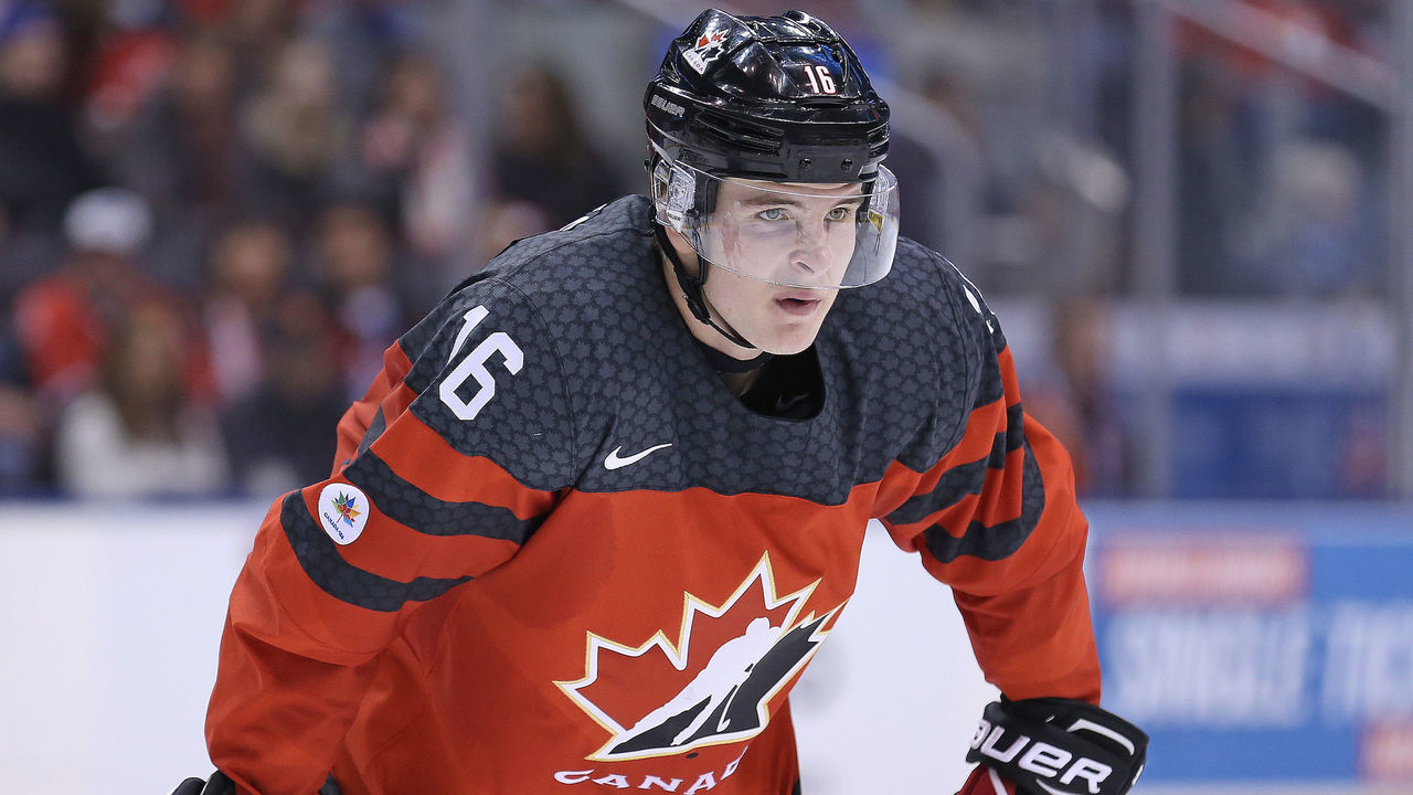 TORONTO,ON - DECEMBER 31: Taylor Raddysh #16 of Team Canada waits for a puck drop against Team USA during a preliminary round game in the 2017 IIHF World Junior Hockey Championship at the Air Canada Centre on December 31, 2016 in Toronto, Ontario, Canada. The USA defeated Canada 3-1.
