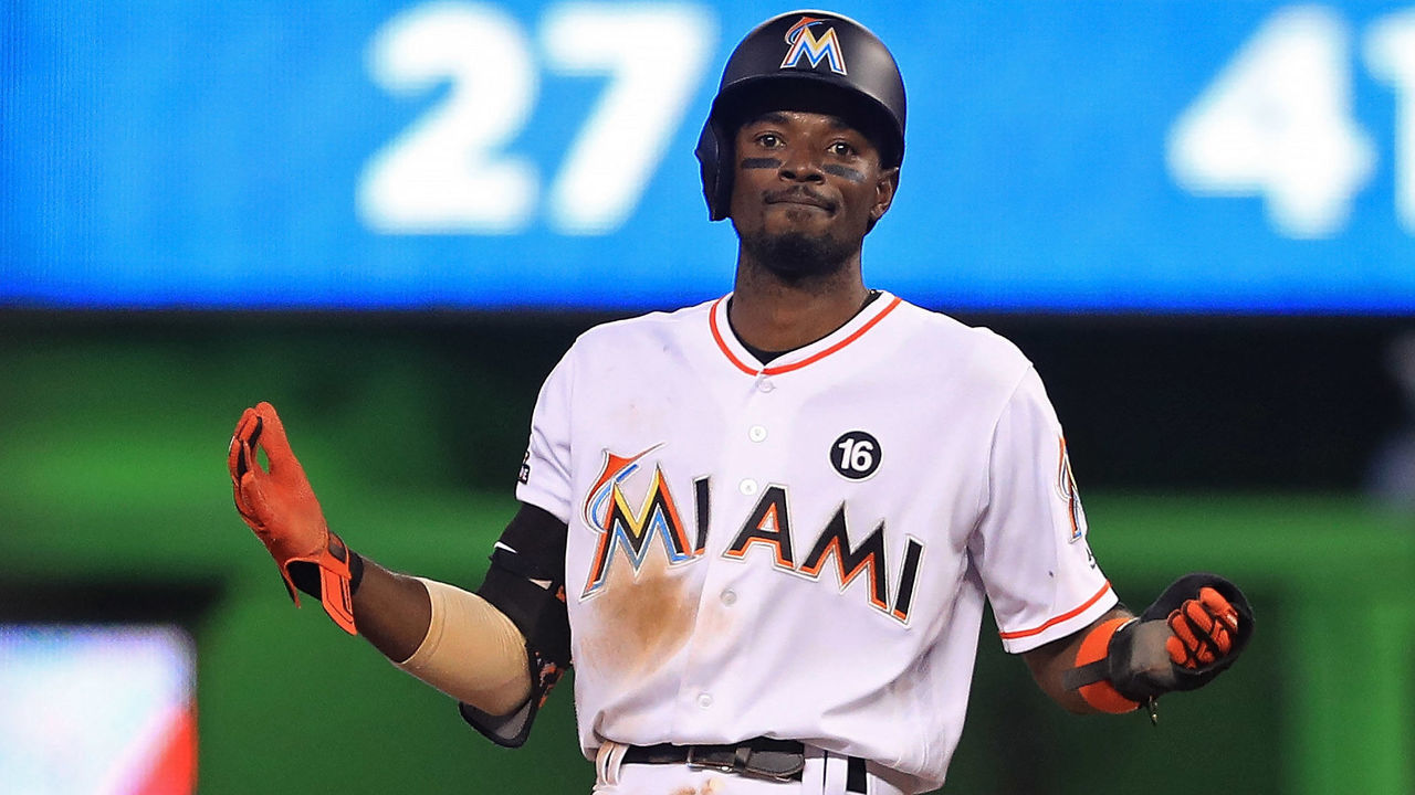 MIAMI, FL - MAY 31: Dee Gordon #9 of the Miami Marlins reacts to a play during a game against the Philadelphia Phillies at Marlins Park on May 31, 2017 in Miami, Florida.