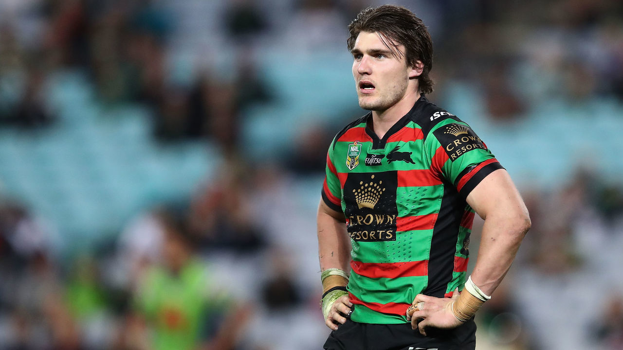 SYDNEY, AUSTRALIA - JULY 29: Angus Crichton of the Rabbitohs is sent to the sin bin during the round 21 NRL match between the South Sydney Rabbitohs and the Canberra Raiders at ANZ Stadium on July 29, 2017 in Sydney, Australia.