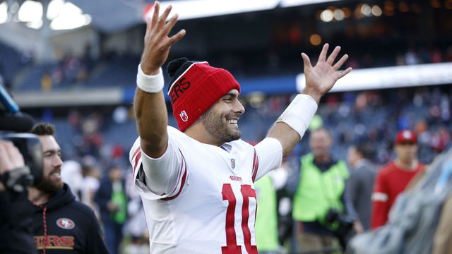 CHICAGO, IL - DECEMBER 03: Quarterback Jimmy Garoppolo #10 of the San Francisco 49ers reacts after the 49ers defeated the Chicago Bears 15-14 at Soldier Field on December 3, 2017 in Chicago, Illinois.