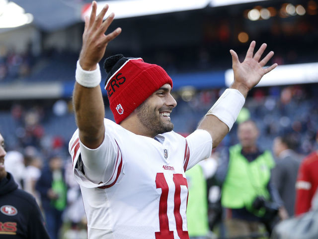 CHICAGO, IL - DECEMBER 03: Quarterback Jimmy Garoppolo #10 of the San Francisco 49ers reacts after the 49ers defeated the Chicago Bears 15-14 at Soldier Field on December 3, 2017 in Chicago, Illinois.