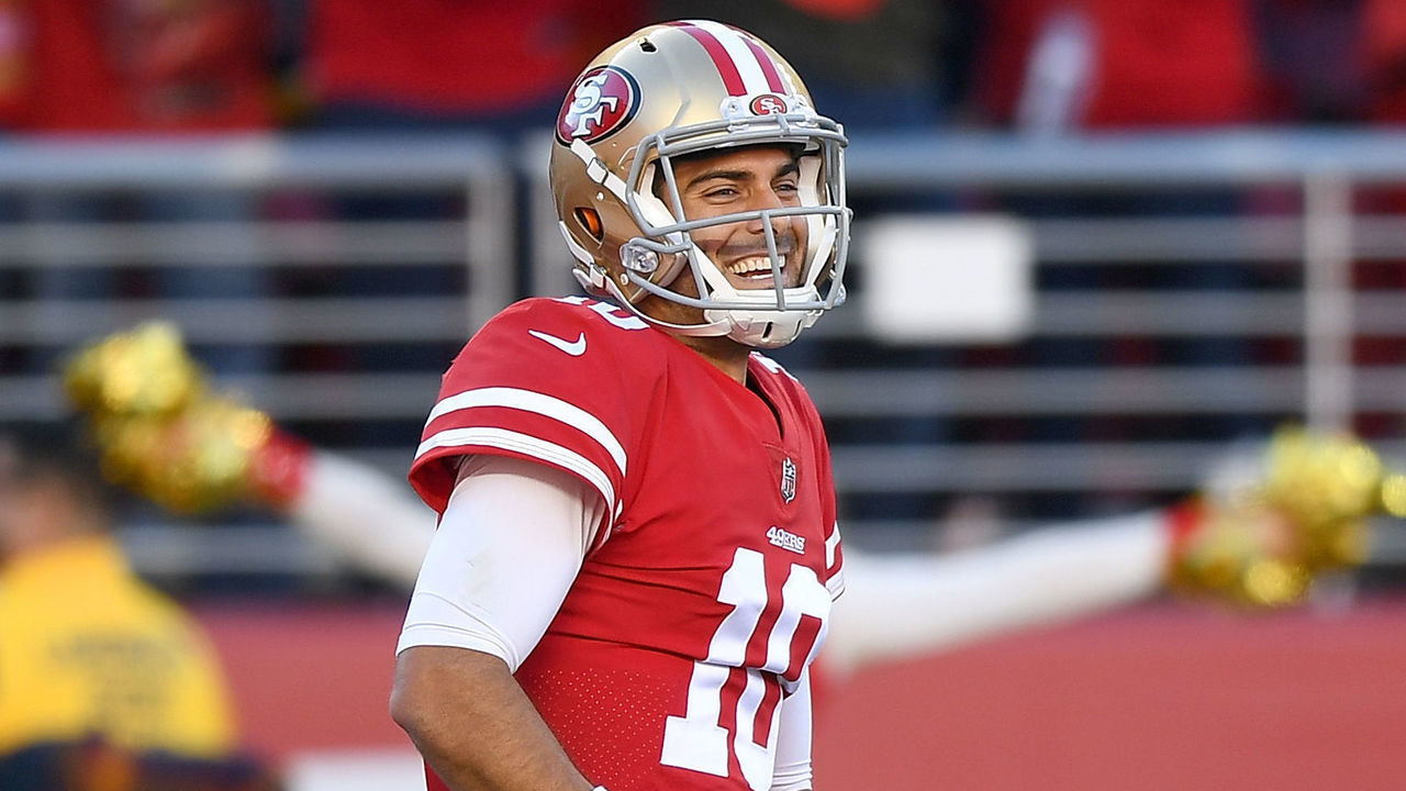 SANTA CLARA, CA - DECEMBER 17: Jimmy Garoppolo #10 of the San Francisco 49ers celebrates after throwing a touchdown pass to Garrett Celek #88 against the Tennessee Titans during their NFL football game at Levi's Stadium on December 17, 2017 in Santa Clara, California.