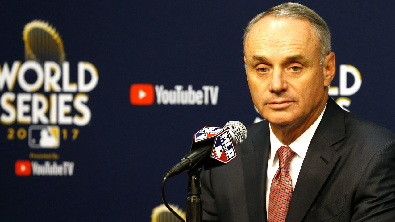 HOUSTON, TX - OCTOBER 28: Major League Baseball Commissioner Robert D. Manfred Jr. speaks to the media during a press conference prior to game four of the 2017 World Series between the Houston Astros and the Los Angeles Dodgers at Minute Maid Park on October 28, 2017 in Houston, Texas.