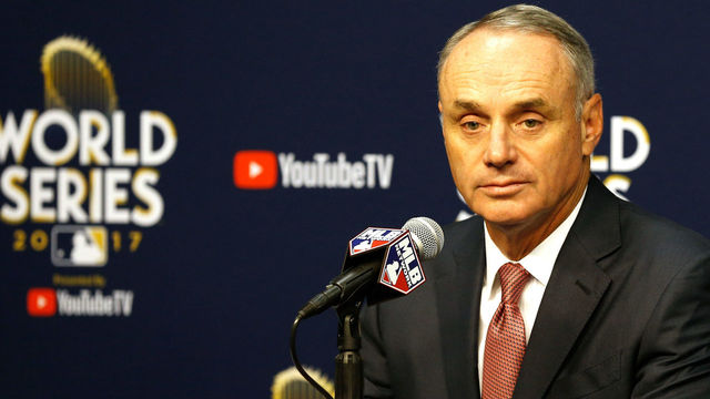 HOUSTON, TX - OCTOBER 28: Major League Baseball Commissioner Robert D. Manfred Jr. speaks to the media during a press conference prior to game four of the 2017 World Series between the Houston Astros and the Los Angeles Dodgers at Minute Maid Park on October 28, 2017 in Houston, Texas.