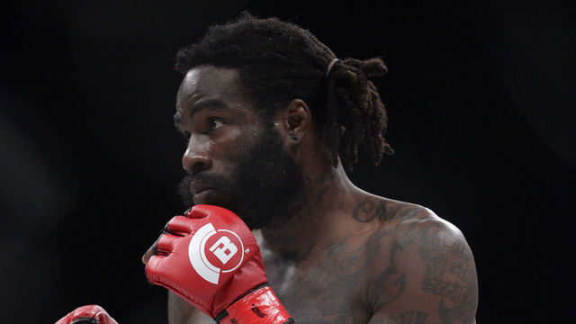 UNCASVILLE, CT - APRIL 21: Patricio Freire (blue gloves) takes on the Featherweight Champion Daniel Straus (red gloves) for the Featherweight title on April 21, 2017 at Bellator 178 at the Mohegan Sun Arena in Uncasville, Connecticut. Patricio Freire defeats Daniel Straus via guillotine choke of round 2.